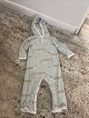 Milkbarn Light Blue Hooded One-Piece with Boat Print